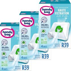 Handy Bag - Sacs aspirateur R39 x4sacs - Compatibles Moulinex, Rowenta, Tefal - 99,99% des poussières retenues - Fermeture facile - Anti-allergène - 50% de matériaux recyclés LOT DE 3