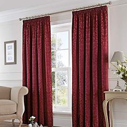 Fusion - Cortinas com dobras de tecido jacquard e algodão, modelo Eastbourne Damask, grená, 66 x 72 (168 x 183 cm)