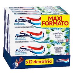 Aquafresh Dentifricio Tripla Protezione per tutta la Famiglia, Gengive Sane, Smalto Forte, Alito Fresco, Gusto Eucalipto Lime e Menta, Pacco da 12 x 75ml
