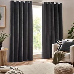 Yard Heavy Chenille Eyelet Curtain Pair – Lined Room Darkening Soft Velvet Earthy Neutral Home Décor (Charcoal - 168x137cm)