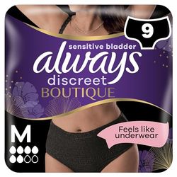 Always Discreet Boutique Underwear Incontinence Pants Plus M Black X 9, for Sensitive Bladder, Locks Away Odours, Wetness and Prevent Leaks
