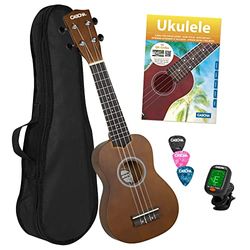 CASCHA Sopraan ukelele set voor kinderen en volwassenen I ukelele starterkit met 3 plectrums tas leerboek leervideo's over QR-code tuner Ik set aquila snaren nylon I klein Hawaii gitaar bruin