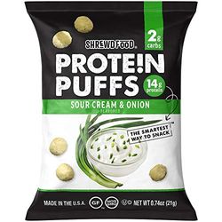 Shrewd Food Low Carb Keto Protein Puffs Sour Cream and Onion 8 Pack | 112g Protein (14g per Serving), 2g Carbs | High Protein, Gluten Free Snacks | No Artificial Flavors | Soy Free, Peanut Free