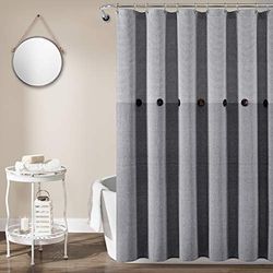 Lush Decor 16T005473 Cortina de Ducha de algodón Tejido de Lino Gris, Rayas de Botones de Granja, Hilo teñido (72 x 72 Pulgadas)