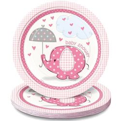 Unique Party - 41655 - Paquet de 8 Assiettes en Carton - Baby Shower Éléphant - Rose - 23 cm
