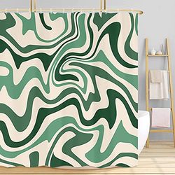 Tenda da doccia estetica anni '70 astratta ondulata a vortice, graziosa tenda da bagno verde salvia, estetica retrò boho minimale accessori da bagno Groovy ragazze per tende da bagno set con ganci