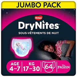 HUGGIES DryNites - sous-vêtements de nuit ultra-absorbants - 4/7ans Filles (17-30 kg) - 4 paquets de 16 culottes - la solution idéale pour les enfants qui font pipi au lit