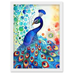 Artery8 Peacock Bird With Mandala Patterns Folk Art Watercolour Painting Artwork Framed Wall Art Print A4