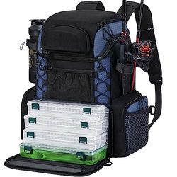Piscifun Zaino per attrezzatura da pesca con 4 scatole per attrezzature, porta canna, copertura impermeabile antipioggia, portabottiglie, grande borsa impermeabile da 27 litri, per attrezzatura da