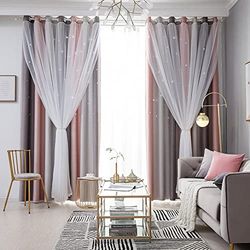 BYSURE Cortina Opaca con Estrellas, de Doble Capa, con Voile, para niñas, Dormitorio, salón, habitación Infantil, 1 Unidad (Gris, 132 x 160 cm)