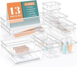 WOWBOX Set di 13 organizer per cassetti in plastica trasparente, 5 misure, organizer per cassetti e contenitori per trucco, gioielli, gadget per cucina, camera da letto, bagno, ufficio