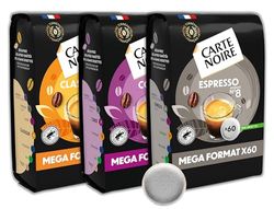 CARTE NOIRE – Café en Dosettes Souples Assortiment Classique N°5/Corsé N°7/Espresso N°8 - certifié Rainforest Alliance - 3 Paquets de 60 Dosettes – Compatibles Senseo (180 dosettes)