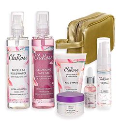 ClaRose AntiAgeing Gift Bag for Her with Face Cream Eye Cream Face Serum Micellar Water Face Cleaning Gel and Face Mask, Natural Rose, 6 count