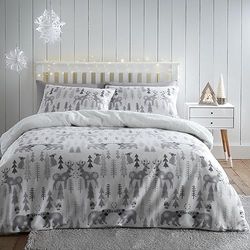 Catherine Lansfield Cosy Winter Woodland Fleece Double Duvet Cover Set with Pillowcases Grey