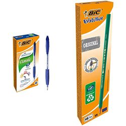 BIC Penne Blu a Sfera, a Scatto, Atlantis Classic & Matita in Grafite, Evolution ECOlutions, per Scrivere a Scuola e in Ufficio, Mina Hb Ultraresistente, Confezione da 12 Unit & agrave;