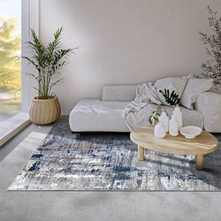 Elle Decor ation Malard Tapis Moderne, Design Abstrait, antidérapant, à Poils Courts, pour Chambre à Coucher, Salle à Manger, Salon, Couloir, Cuisine, Bleu foncé, Beige, 200 x 290 cm