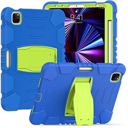 Custodia per iPad Pro 12.9 pollici 2021/2020/2018 (5/4/3 generazione) con portamatite, robusta custodia protettiva antiurto con staffa nascosta, giallo-verde+blu