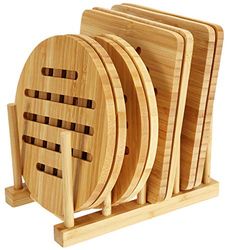 Lawei 9 Pack Bamboo Trivets with Dish Rack - Bamboo Heat Resistant Hot Pads Kitchen Pot Holders Trivet for Hot Dishes, Pot, Bowl, Teapot