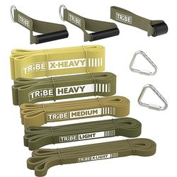 Långa motståndsband för träning män och kvinnor – set med 5 pull-up band, gummihandtag och dörrankare – träningsbandsmotstånd för män – träningsband motståndsband set – militärgrön