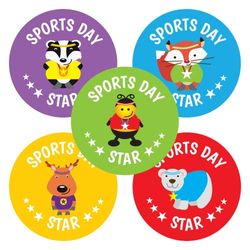 SuperStickers Animal Sports Day Star Sticker Varietà Foglio 125 adesivi. 28 mm.