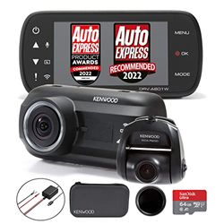 KENWOOD DRV-A601W Front & Rear Dash Cam Bundle - KCA-R200 Rear Camera - CA-DR1030 Hardwire Kit - 64GB SD-Card - Hard Shell Carry Case