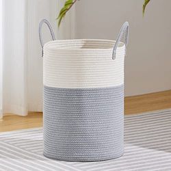 VIPOSCO Grand panier à linge, grand panier de rangement en corde tissée pour couverture, jouets, vêtements sales dans le salon, la salle de bain, la chambre à coucher – 58 L, gris et blanc