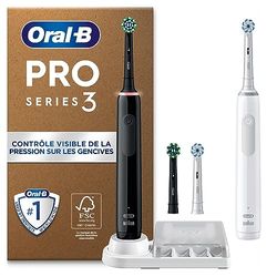 Oral-B Pro 3 Brosses À Dents Électriques Noire Et Blanche, Un Capteur De Pression Pour Protéger Les Gencives Sensibles, Des Accessoires, 4 Brossettes Rondes De Rechange, 1 Chargeur, Emballage Carton