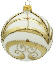VITBIS - Glass Christmas Bauble 10 cm, Mouth-Blown, Hand Decorated and Handmade Christmas Tree Decoration - White Colour with Lush Geometric Gold Decoration