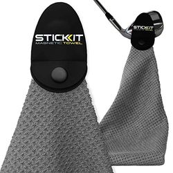 STICKIT Magnetisk handduk, grå | Toppnivå mikrofiber golfhandduk med djupa våffelfickor | Industriell styrka magnet för starkt grepp vid golfvagnar eller klubbar