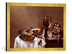 Ingelijst beeld van Willem Claesz. Heda "Een ontbijttafel met een braambeerpast", kunstdruk in hoogwaardige handgemaakte fotolijst, 60x40 cm, Gold Raya