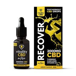 Vitality CBD Active Recover Drops with Turmeric, Vitamin D3, 2000mg of CBD, Lemon Flavour, 30ml, NO THC