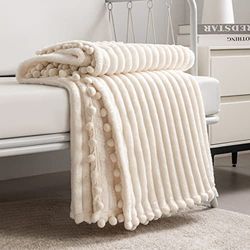 DISSA Fleece Blanket Twin Size – 51x63, Beige – Soft, Plush, Fluffy, Fuzzy, Warm, Cozy – Perfect Throw for Couch, Bed, Sofa - with Pompom Fringe - Flannel Blanket Throw Blanket