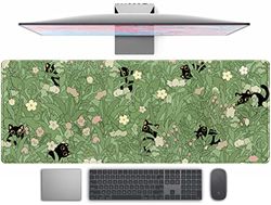 Tapis de souris mignon avec motif chat et feuilles vertes et fleurs roses - Tapis de souris de jeu XL pour fille et femme - 80 x 30 cm