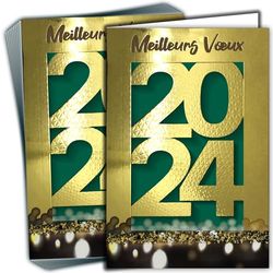 LOT 10 Cartes Meilleurs Vœux Bonne Année 2024 Doré +10 Enveloppes Format 17,5x12cm Grand Nombre Chiffres en Or Brillant Scintillant étincelant - Intérieur Blanc - Fabriqué en France - LOT10-61-5819