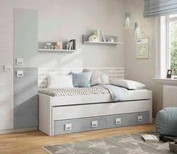 Dmora - Lit Enfant Waycross, Cadre de lit pour Chambre, Lit Simple avec lit gigogne et 2 tiroirs et 2 étagères, 199x96h65, Blanc et Ciment