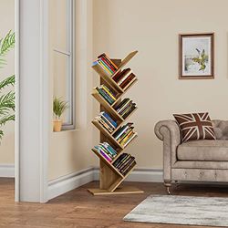 YITAHOME Boekenkast in boomvorm, boekenrek op de vloer, industriële planken van rustiek bruin hout, opbergrekken voor woonkamer, huis, kantoor, boekenplanken in houtkleur