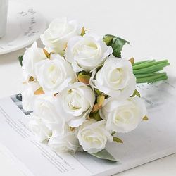 Aiinoo 12pcs Artificial Roses Single Stem Fake Silk Flower Arrangement Bouquet Real Touch for Home Party Wedding Decoration (White)