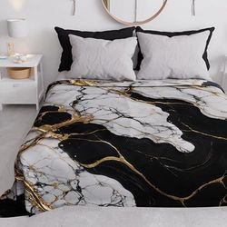 PETTI Artigiani Italiani - Couvre-lit 2 Places (260x260 cm) Printemps Été, Parure de Lit Légère Double, Draps de Lit 2 Personnes, Marbre Blanc Noir, 100% Fabriqué en Italie