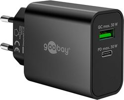goobay Cargador rápido Dual USB-C PD GAN, 30W, 1x USB-C Power Delivery + 1x USB-A Quick Charge, Compacto, Carga simultánea, Compatible con iPhone, Samsung, Xiaomi, iPad, Negro, 75335