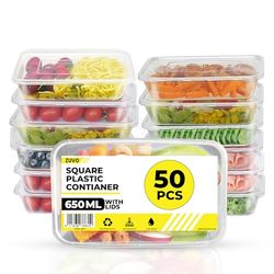 Zuvo Plastic Food Containers 650 ml - Pack of 50 Reusable Food Containers - Perfect Clear Plastic Food Storage Containers - Microwave and Freezer Safe, Recyclable