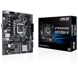 ASUS PRIME H510M-K, Intel H510 (LGA 1200) micro ATX motherboard with PCIe 4.0, 32Gbps M.2 slot, Intel 1 Gb Ethernet, HDMI, D-Sub, USB 3.2 Gen 1 Type-A, SATA 6 Gbps, COM header, and RGB header