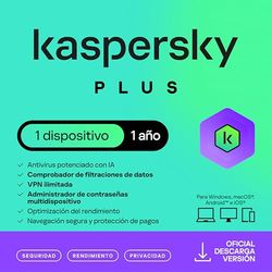 Kaspersky Plus Internet Security 2025 | 1 Dispositivo | 1 año | Anti-Phishing y Firewall| VPN ilimitada | Gestor de contraseñas | Protección Bancaria en línea | PC/Mac/Móvil | Código por email