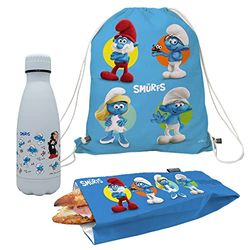 NERTHUS FIH 1075 Set Mochila + Bolsa Bocadillo + Botella Doble Pared 350 ml Pitufos