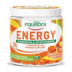 Equilibra Integratori Alimentari Energy, Integratore Multivitaminico in Pastiglie Gommose, Vitamina B12, B6 e C, Riduzione di Stanchezza e Affaticamento, Vegan, 30 Gummies Gusto Tropical