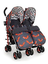 Cosatto Supa Dupa Dubbele kinderwagen - kinderwagen vanaf de geboorte 0-25 kg, licht, compact opvouwbaar, met voetenzak, bekerhouder en regenhoezen (Charcoal Mister Fox)