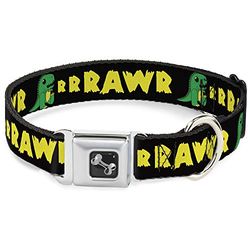 Buckle-Down RRRAWR - Collare con Fibbia per Cintura di Sicurezza, Motivo Dinosauro, Nero/Verde/Giallo, Larghezza 2,5 cm, Adatto per Collo da 22,9 a 38,1 cm, Taglia S