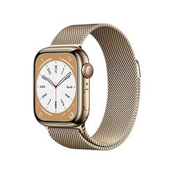 Apple Watch Series 8 (GPS + Cellular, 41mm) Smartklocka rostfri stålboett guld • milanesisk loop guld. Träningsmätare, apparna Syrenivå i blodet och EKG, vattentålig