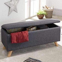 BAKAJI Pouf Box Fotpall Sovrumsbänk Pall Trästruktur Hopsack Tygbeklädnad Stoppad Öppningsbar sits 103 X 40 X 44,5 cm (Mörkgrå)