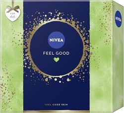 NIVEA Feel Good Gift Set, Moisturising Care Products, Gift Box with Body Lotion, Shower Gel, Roll-On Deodorant and Shampoo