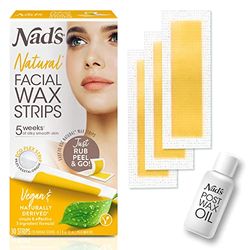 Nad's Natural Facial Wax Strips - Facial Hair Removal For Women, Face Wax Strips, Includes 30 Vegan Waxing Strips + Post Wax Oil